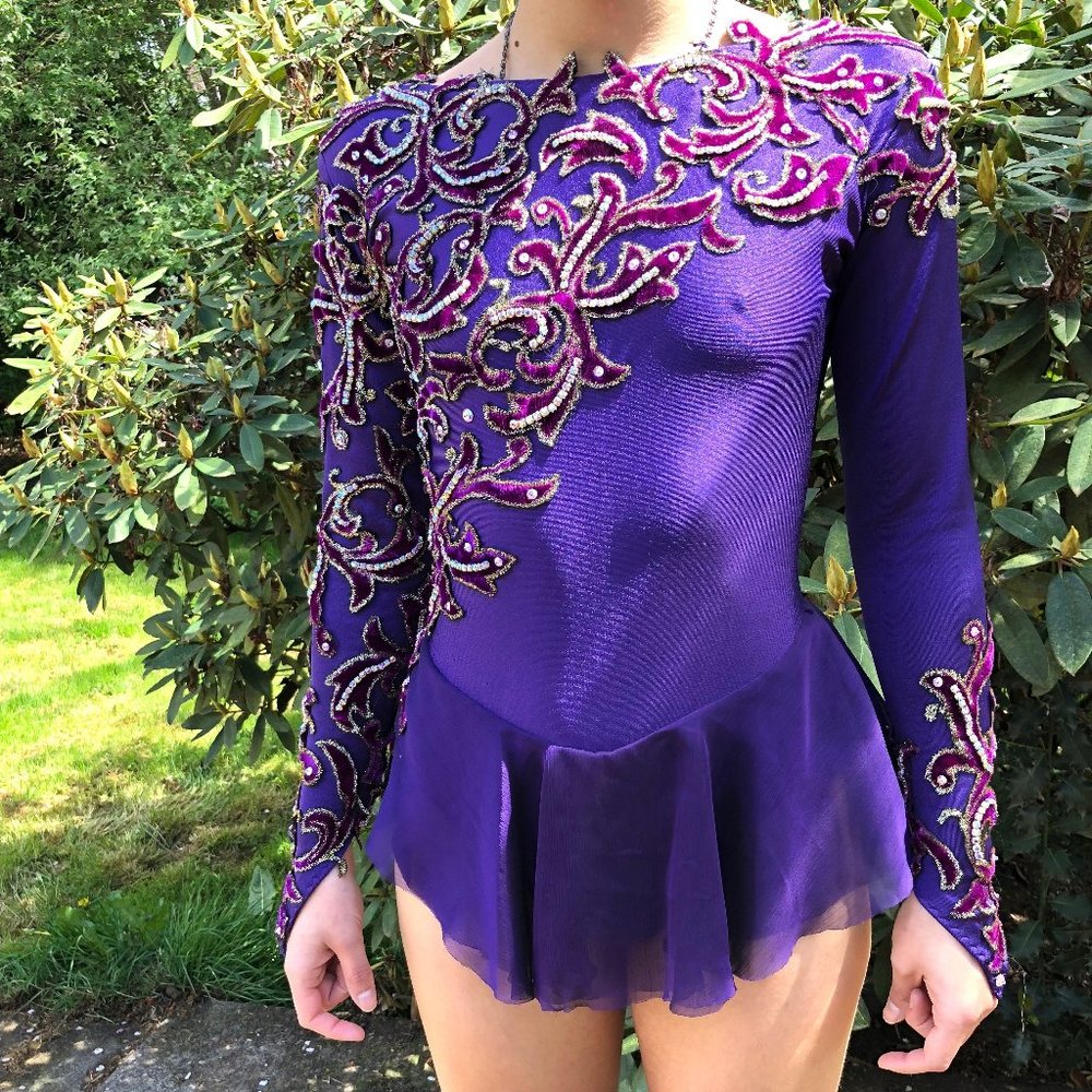 Vintage Handmade Purple Velvet Leotard, Ice Skating Leotard, Custom Made, Size 4
